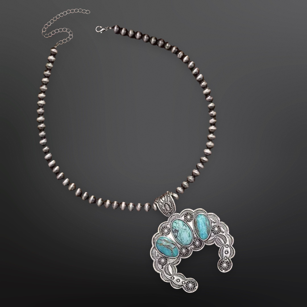 Faux Turquoise Squash Blossom Western Necklace