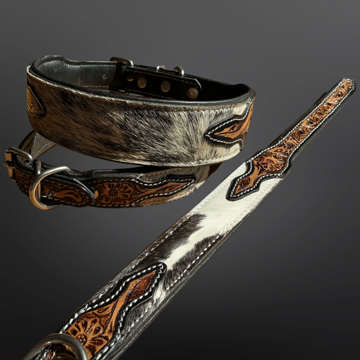 Western Tooled Leather Cowhide Dog Collar: Large