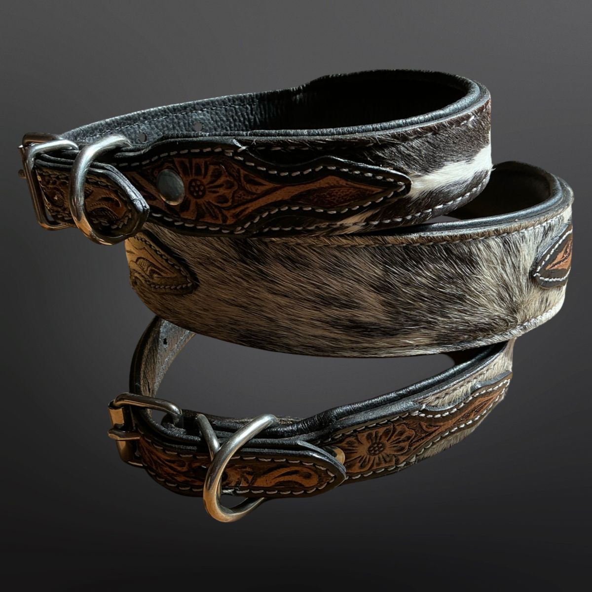 Western Tooled Leather Cowhide Dog Collar: Large