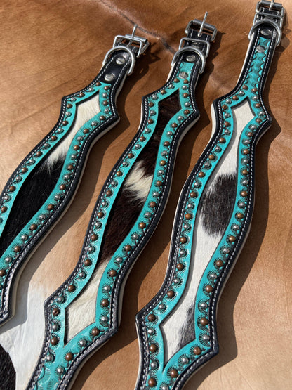 Western Hair On Cowhide Scalloped Turquoise Dog Collar: Small