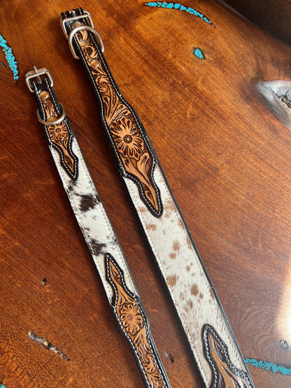 Western Tooled Leather Cowhide Dog Collar: Large