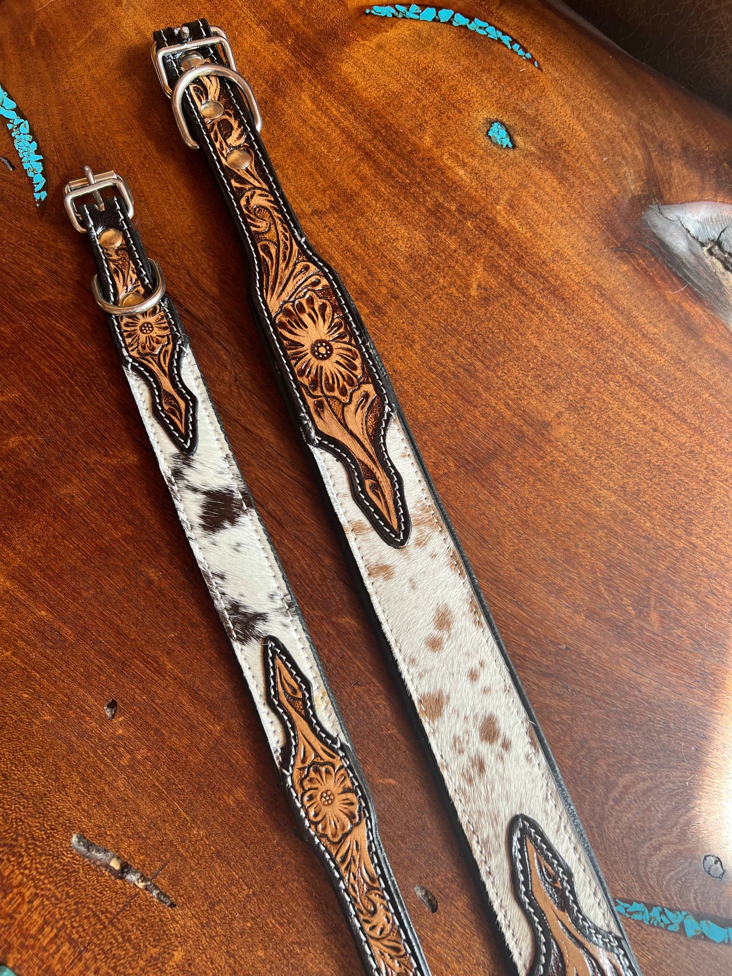 Western Tooled Leather Cowhide Dog Collar: Small
