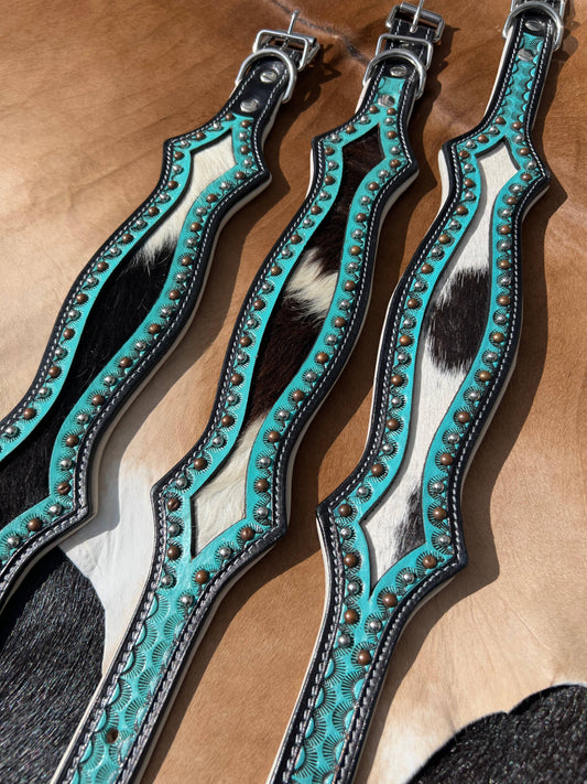 Western Hair On Cowhide Scalloped Turquoise Dog Collar: Small