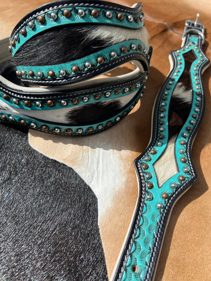 Western Hair On Cowhide Scalloped Turquoise Dog Collar: Small
