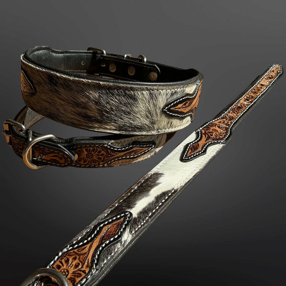 Western Tooled Leather Cowhide Dog Collar: Large