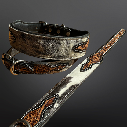 Western Tooled Leather Cowhide Dog Collar: Large