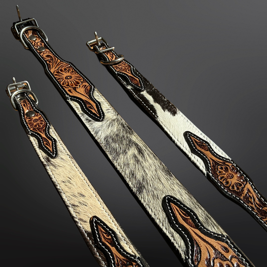 Western Tooled Leather Cowhide Dog Collar: Large
