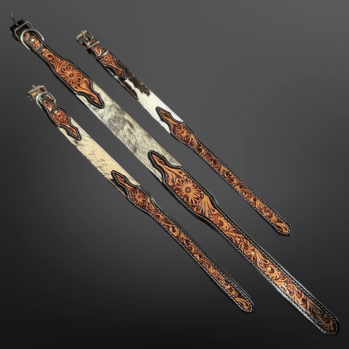 Western Tooled Leather Cowhide Dog Collar: Small
